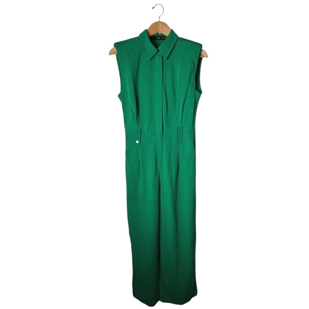 MNG Jumpsuit Women Small Green Linen Blend Collared‎ Wide Leg Jumpsuit Utility - Picture 2 of 14